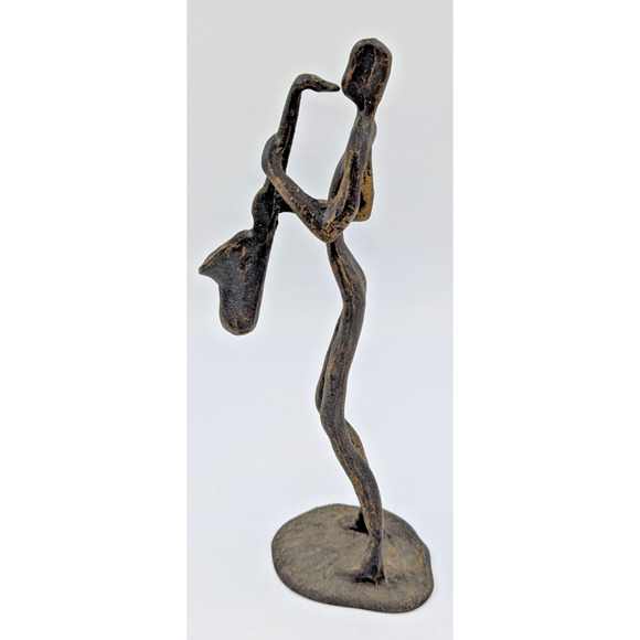 Vintage Brutalist Cast Metal Sculpture Saxophone Player Figure Statue 9” - Picture 3 of 6
